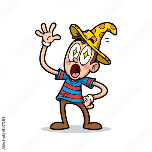 A cartoon man with wide, starry eyes and an open mouth, wearing a yellow polka-dotted hat and striped shirt, looking utterly surprised or amazed.