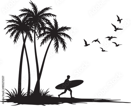 Black silhouette of surfer with surfboard and palm trees