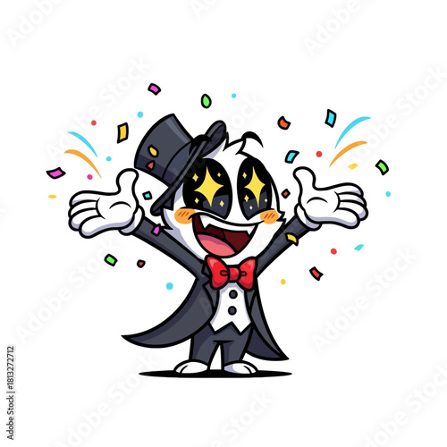 A very excited cartoon magician character with star eyes and confetti.
