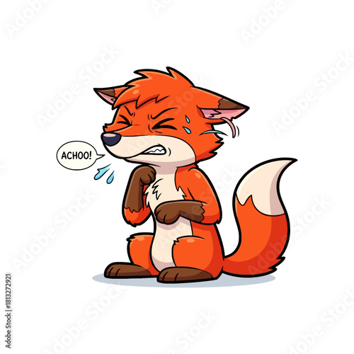 Cartoon fox with orange fur sneezing, showing a state of illness and discomfort.