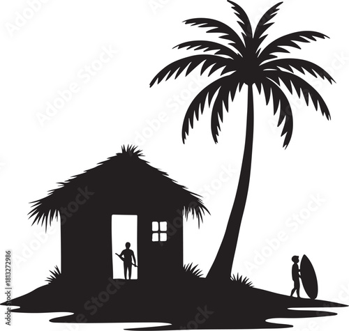 Black silhouette of tropical hut palm tree and surfer