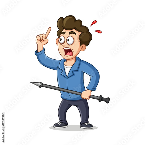A cartoon man with a shocked expression pointing upwards after being accidentally impaled by a spear.