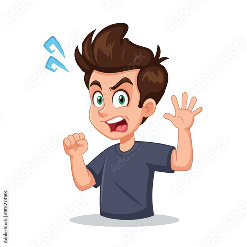 Cartoon boy looking angry and frustrated, with a clenched fist and open hand, expressing strong negative emotions.