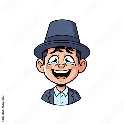 Cartoon illustration of a laughing person wearing a hat and a suit jacket, looking happy.