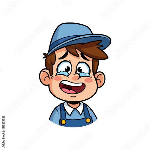 Cartoon illustration of a young boy with brown hair wearing a blue hat and overalls, crying with tears in his eyes and an open mouth, expressing sadness.