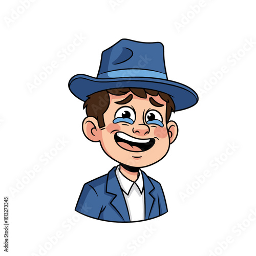 A cartoon illustration of a man wearing a blue fedora and suit jacket, laughing so hard he's crying with tears of joy.