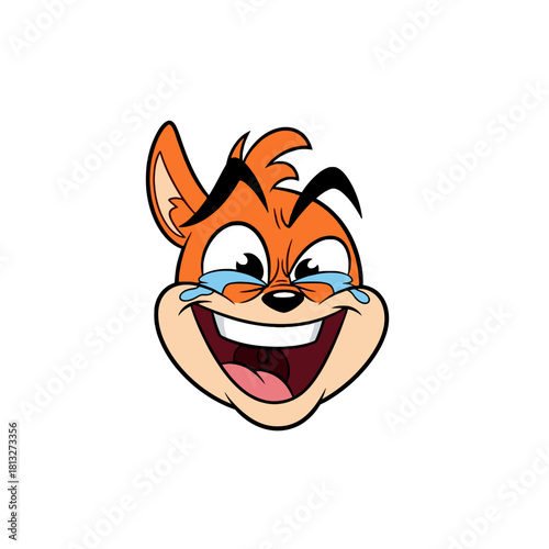 Cartoon orange fox-like character laughing hysterically with tears of joy, expressing extreme happiness and amusement.