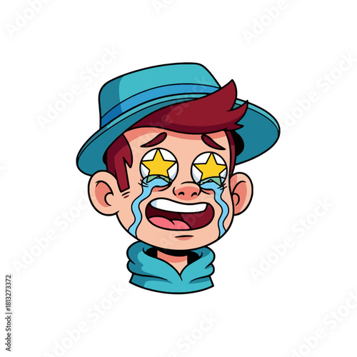 Cartoon illustration of a boy with star eyes crying tears of overwhelming joy while wearing a blue hat and hoodie.