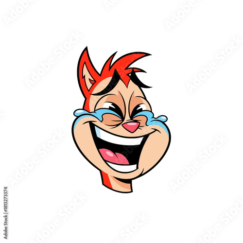 Cartoon character with red fur laughing hysterically with tears of joy.
