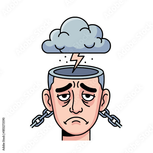 A sad and tired person with a stormy cloud and lightning striking their open head, symbolizing mental distress and feeling chained.