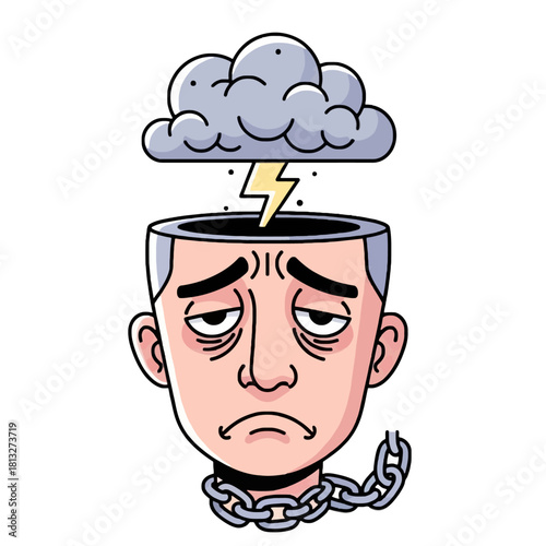 Illustration of a man's head with a storm cloud and lightning inside, depicting stress and mental burden, with a chain around his neck.