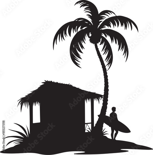 Silhouette of a thatched hut and surfer under a palm tree