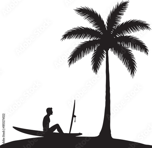 Silhouette of man on surfboard under palm tree ocean