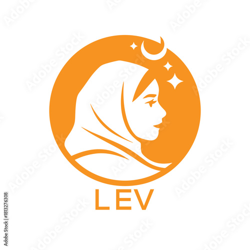 LEV Islamic Hijab Woman Logo. LEV Design with Crescent Moon and Stars. LEV Muslim Female Silhouette Icon.
