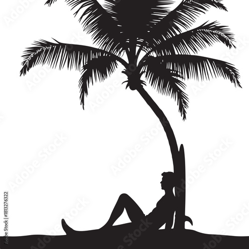 Silhouette of man resting under palm tree with surfboard