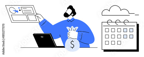 Man holding money bag, analyzing data on a laptop screen, referencing a chart and calendar. Ideal for financial management, scheduling, saving, budget planning, investments, strategy analysis