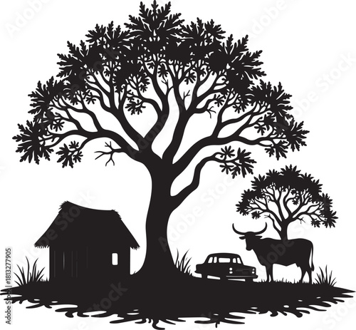 Silhouette of rural scene with trees house car and cow