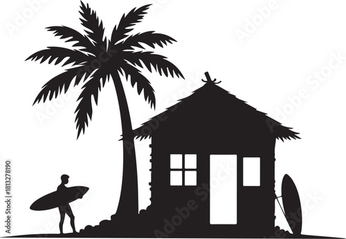 Silhouette of surfer and hut with palm tree and surfboard