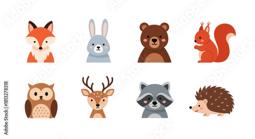 Cartoon forest animals collection fox rabbit bear squirrel owl deer raccoon hedgehog