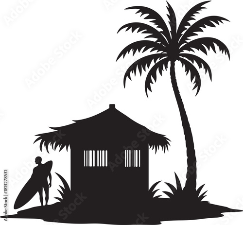 Silhouette of surfer by hut under palm tree surfboard