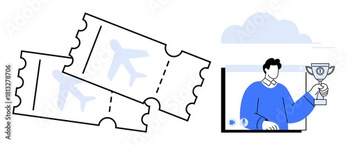 Two airline tickets with airplane icons alongside a male figure holding a trophy displayed in an online video interface. Ideal for travel, aviation, rewards, achievements, online events, virtual