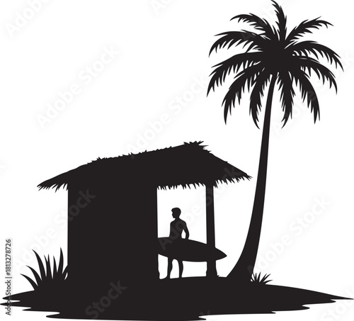 Silhouette of surfer with surfboard by hut under palm tree