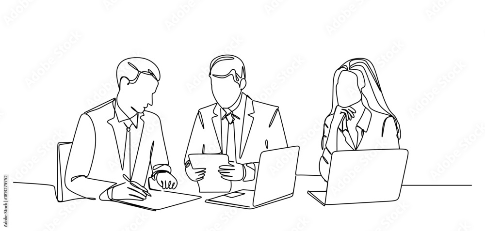 © pew - Continuous one line drawing businessman and woman having a discussion. Business activities concept. Single line draw design vector graphic illustration.Hand drawn one line vector. Editable stroke
