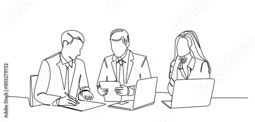Continuous one line drawing businessman and woman having a discussion. Business activities concept. Single line draw design vector graphic illustration.Hand drawn one line vector. Editable stroke
