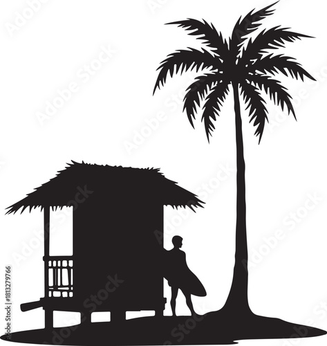 Silhouette of surfer with surfboard next to hut under palm tree