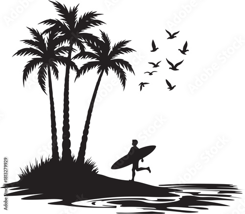 Silhouette of surfer with surfboard running by palm trees and birds