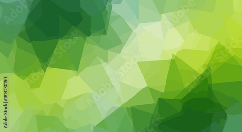 A vibrant abstract background featuring overlapping translucent geometric shapes in various shades of green, creating a modern low-poly effect.