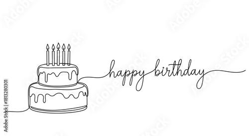 Continuous line art drawing of a two-tiered birthday cake with five lit candles and the handwritten text 'happy birthday' on a white background.