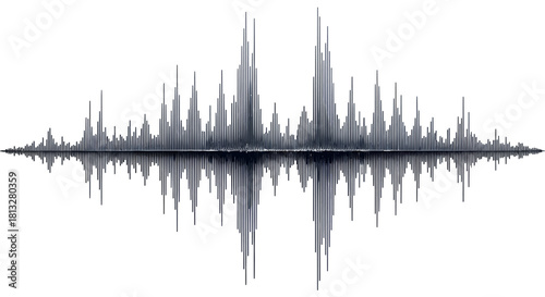 Digital audio waveform with symmetrical reflection, representing sound frequencies and amplitude.