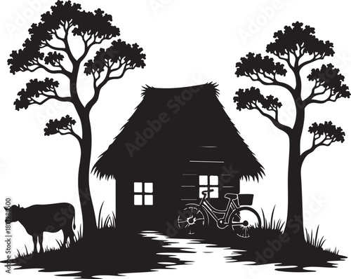 Silhouette of thatched roof house with trees cow and bicycle