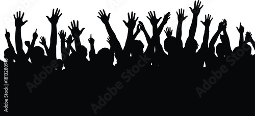 Crowd silhouette with raised hands and gestures, black vector for celebration, protest, unity, rally, event, and social themes