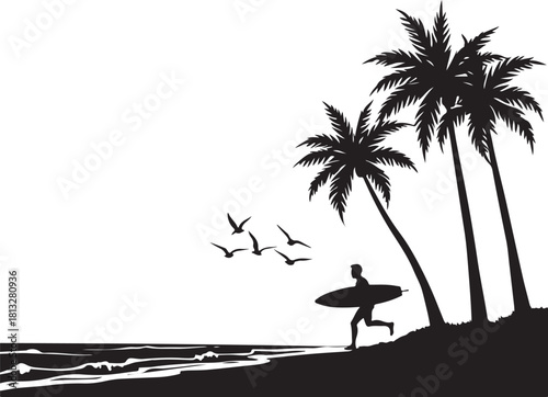 Surfer running with surfboard on beach near palm trees and birds