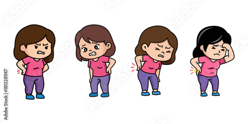 Cartoon woman shows different levels of back pain.