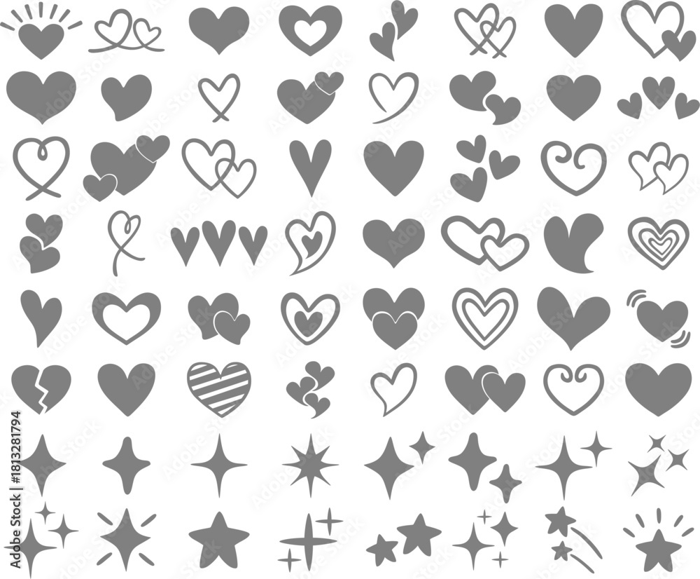 Fototapeta premium Hand Drawn Heart and Star Icons Set – Cute Love Doodle Symbols Collection for Valentine and Decoration