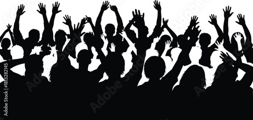 Energetic cheering crowd silhouette celebrating together at lively event, capturing vibrant atmosphere, joyful audience excitement, festival celebration, dynamic party scene illustration