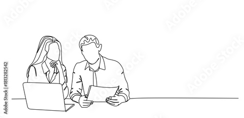 Continuous one line drawing businessman and woman having a discussion. Business activities concept. Single line draw design vector graphic illustration.Hand drawn one line vector. Editable stroke