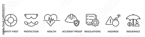 Work safety banner vector illustration concept for occupational safety and health at work with safety first, protection, health, accident proof, regulations, hazards and insurance icon