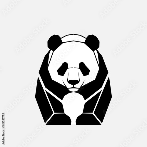 Minimalist geometric black and white panda bear illustration in a low poly style.
