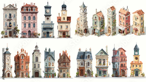 Collection of vintage European townhouses featuring detailed facades, towers, balconies, and classic architectural styles. Perfect for city design, travel themes, and illustration projects.