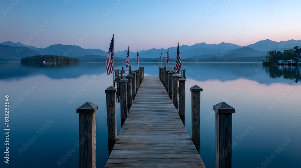 Fototapeta premium Peaceful wooden pier leading out onto calm lake with mountains in sunrise light, tranquil travel destination and nature landscape for relaxation concept