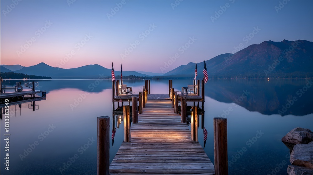Obraz premium Peaceful wooden pier leading out onto calm lake with mountains in sunrise light, tranquil travel destination and nature landscape for relaxation concept