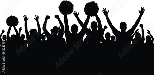Energetic cheering crowd silhouette with raised hands and pom poms celebrating together, creating lively team spirit atmosphere in dynamic festive event illustrationvvvvvv