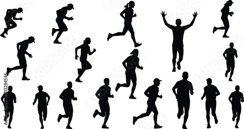 Collection of running silhouettes, black marathon runners set, jogging athletes, vector illustration isolated on white background, sport fitness training, people exercising