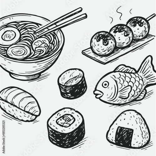 Hand-Drawn Japanese Street Food Sketch Set – Ramen, Sushi, Takoyaki & More”
