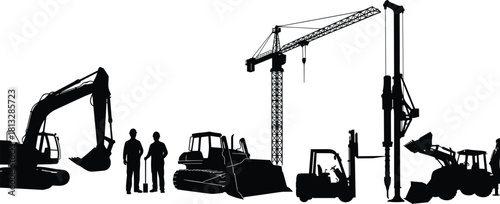Heavy construction and engineering machinery silhouette collection, including excavator, bulldozer, piling rig, forklift, and crane, ideal for building and 