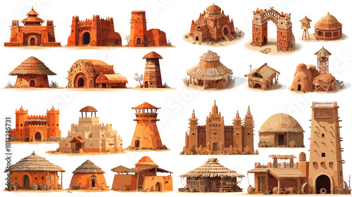 Collection of ancient clay and mud buildings featuring traditional huts, towers, arches, and fort structures in warm earthy tones. Ideal for history themes, architecture, and cultural design.